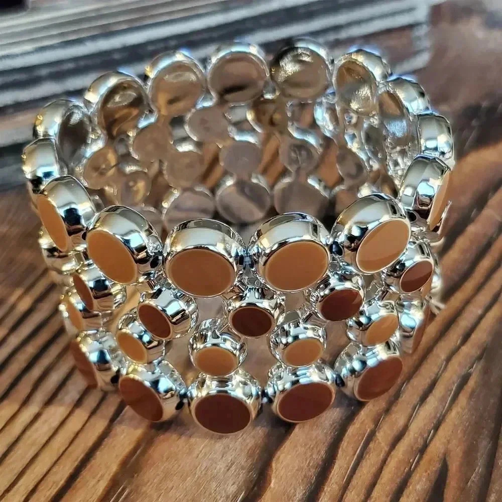 Mid Century Modern Style Wide Acrylic Stretch Bracelet Brown Silver